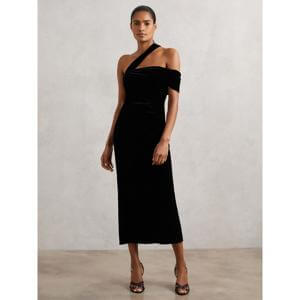 REISS Velvet One-Shoulder Midi Dress
